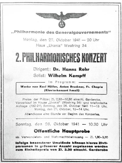 Ankundigung des Konzerts mit der Teilnahme von Wilhelm Kempff